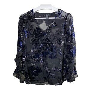 Karen Kane Black Blue Velvet Burnout Sheer Boho Peasant Blouse Small